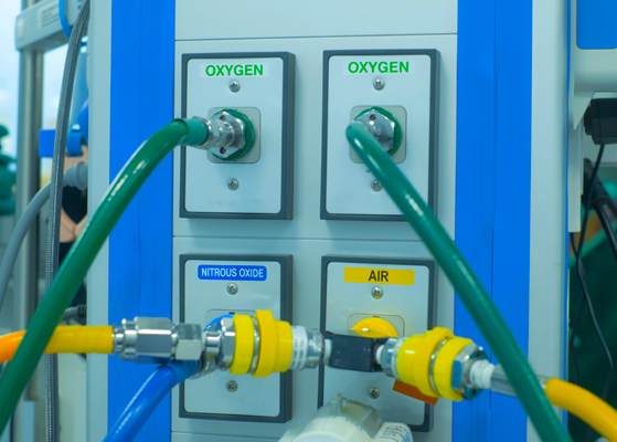 View of hospital tubing going to Oxygen, Nitrous Oxide and Air options